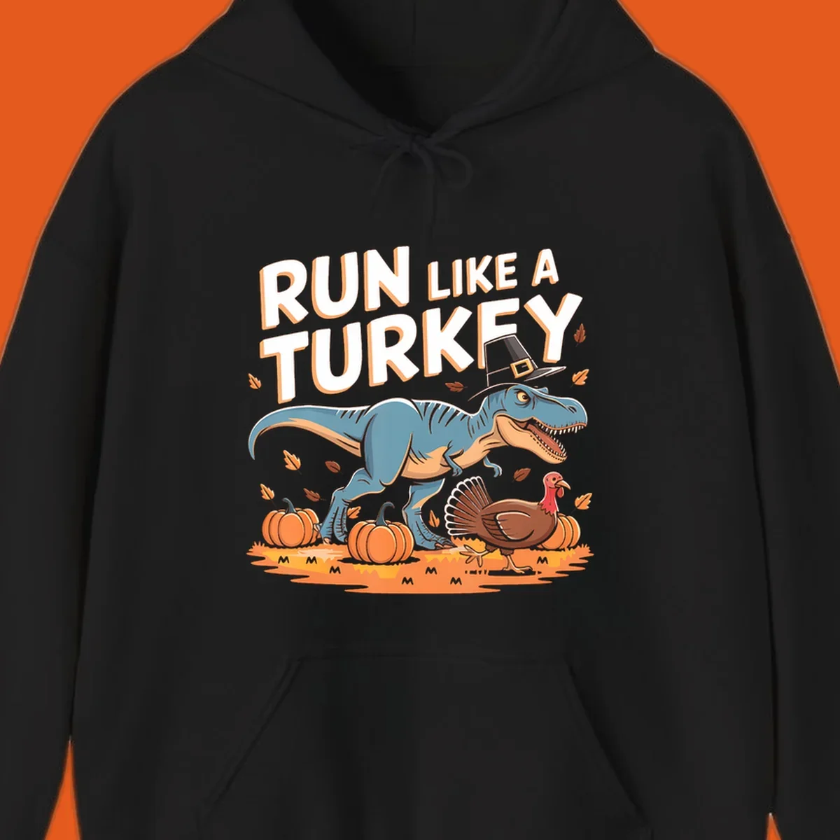 Run like a turkey dinosaur design with T-Rex, turkey, pumpkins and text.