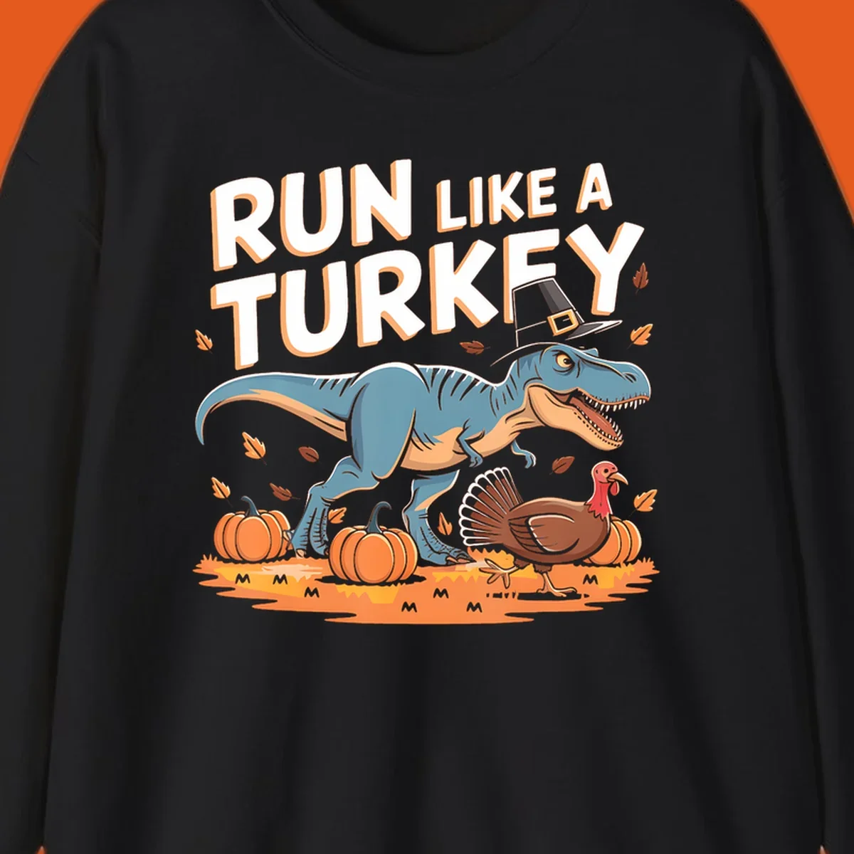 Run like a turkey dinosaur design with T-Rex, turkey, pumpkins and text.