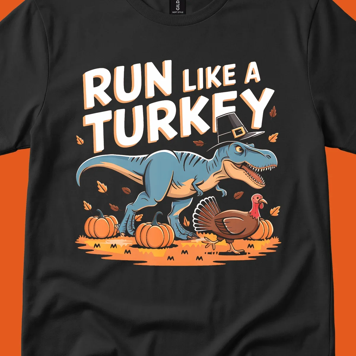 Run like a turkey dinosaur design with T-Rex, turkey, pumpkins and text.