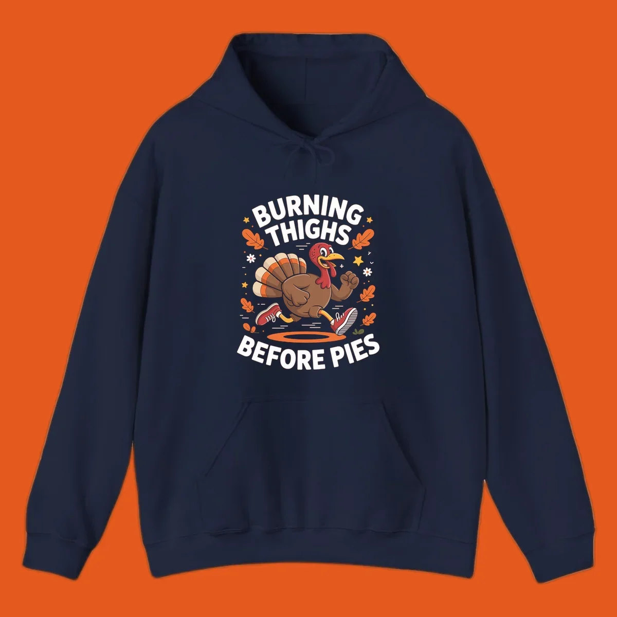 Illustration of a running turkey with text 'Burning Thighs Before Pies', for a Turkey Trot shirt.