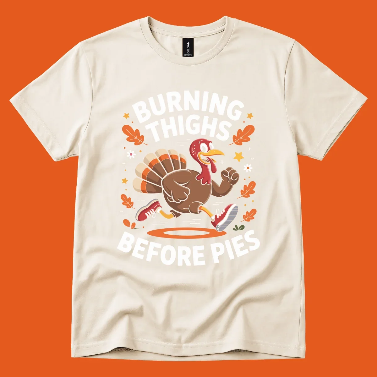 Illustration of a running turkey with text 'Burning Thighs Before Pies', for a Turkey Trot shirt.