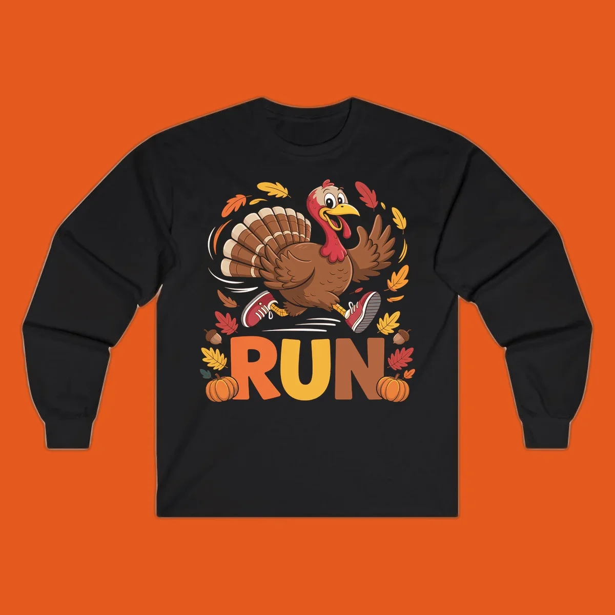 Running turkey illustration with 'RUN' text for Thanksgiving Turkey Trot races.