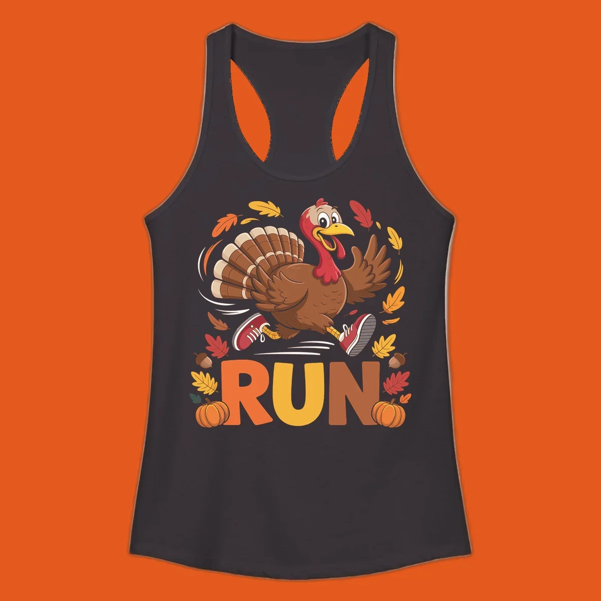 Running turkey illustration with 'RUN' text for Thanksgiving Turkey Trot races.