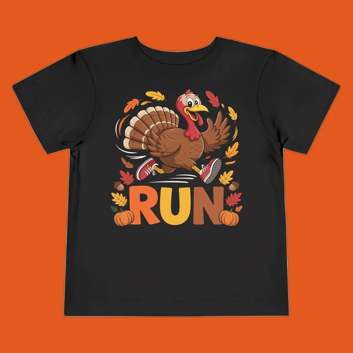 Running turkey illustration with 'RUN' text for Thanksgiving Turkey Trot races.