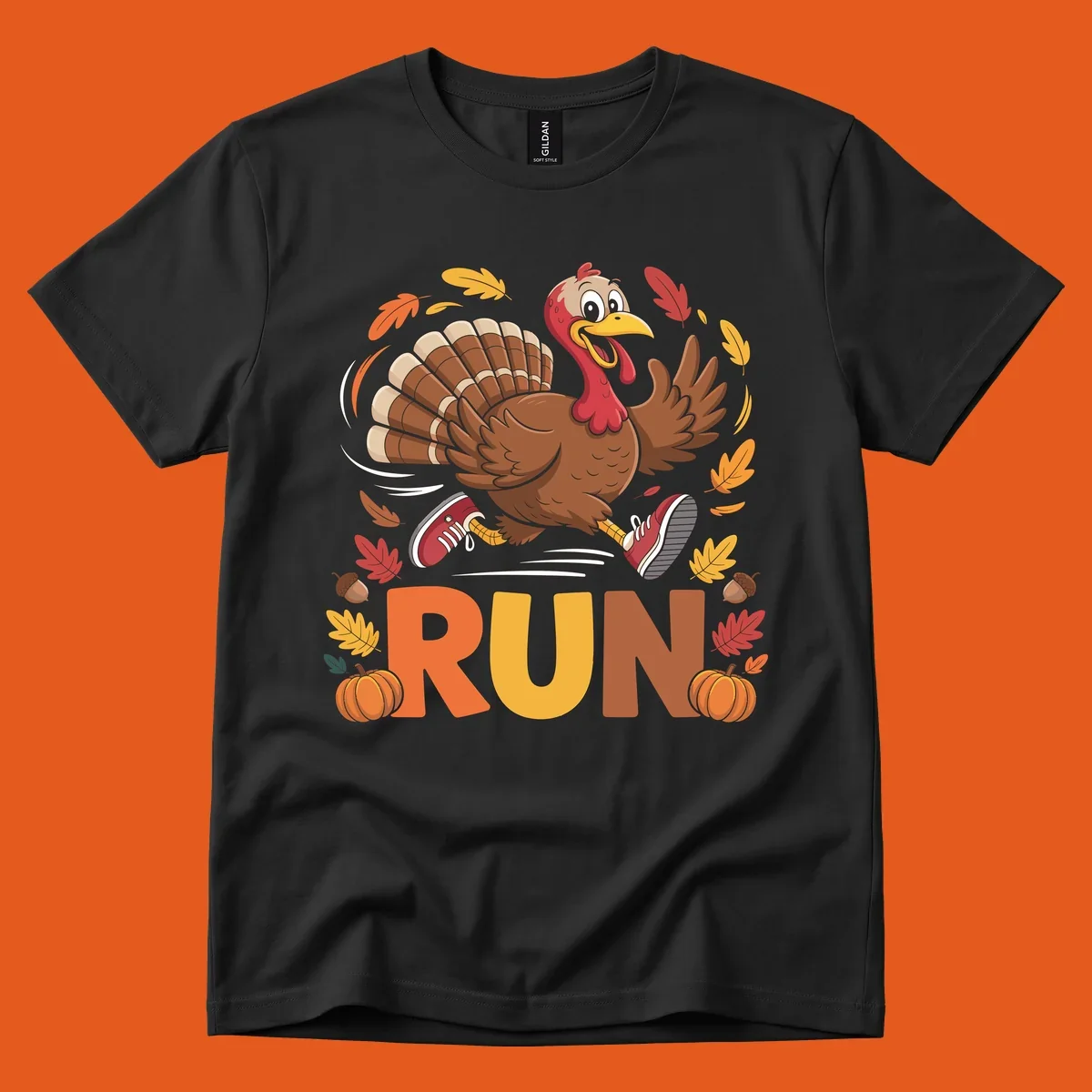 Running turkey illustration with 'RUN' text for Thanksgiving Turkey Trot races.