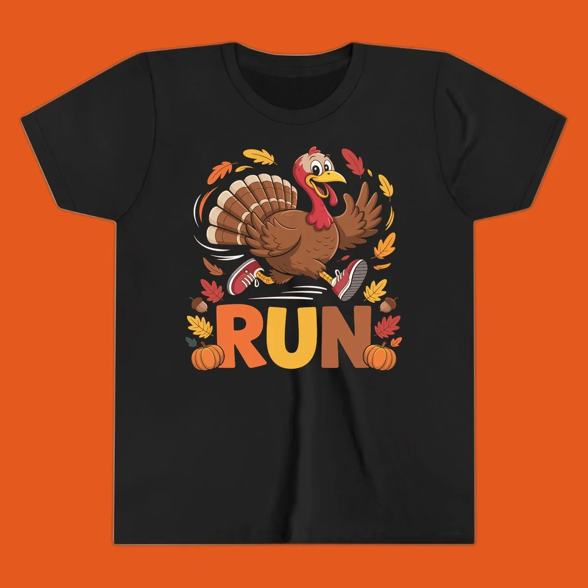 Running turkey illustration with 'RUN' text for Thanksgiving Turkey Trot races.
