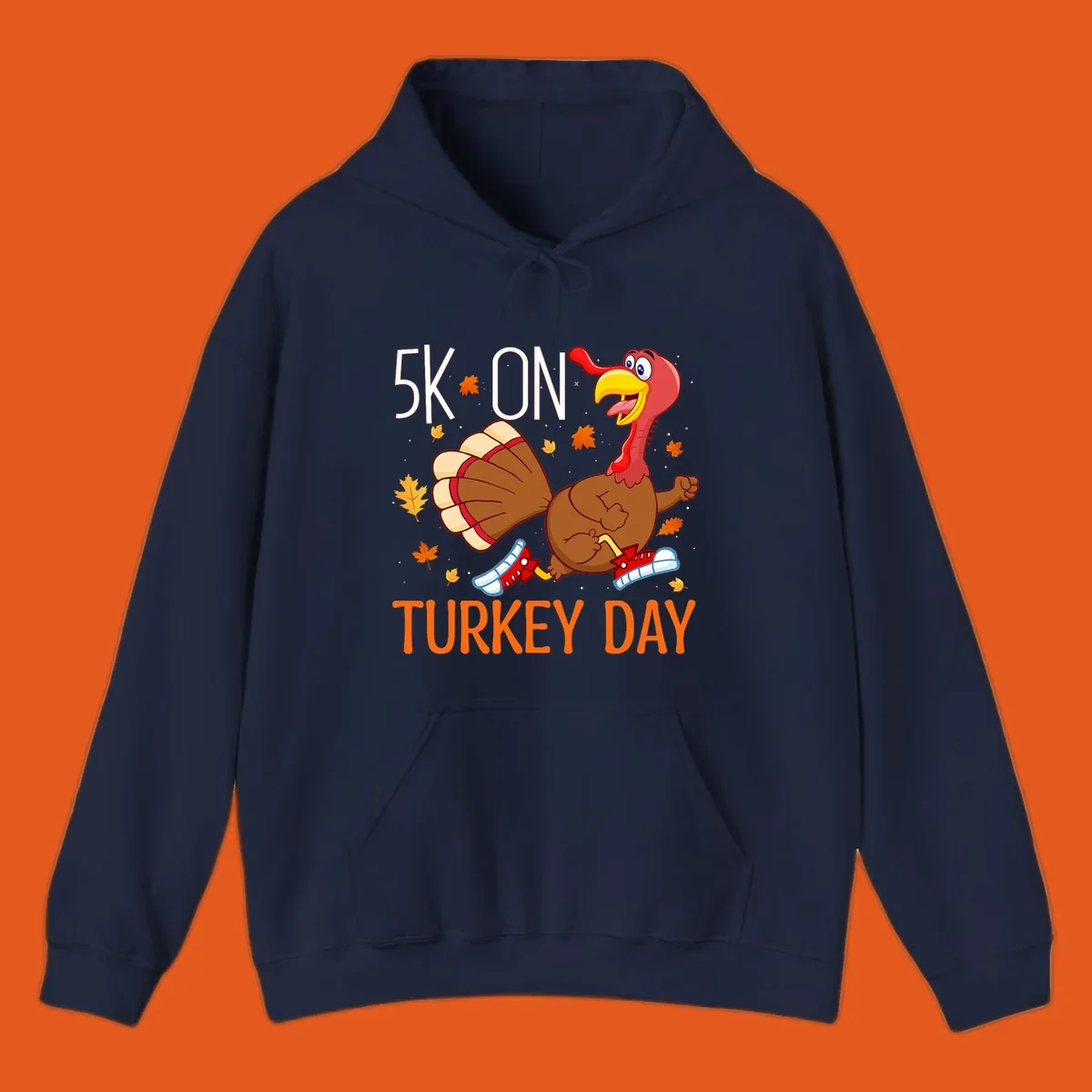Running turkey illustration with "5K ON TURKEY DAY" text for Turkey Trot shirts.