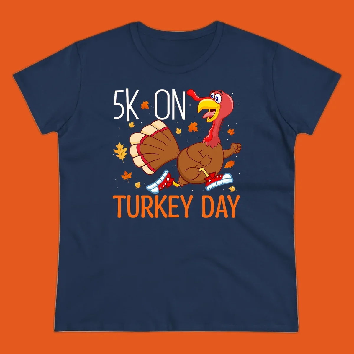 Running turkey illustration with "5K ON TURKEY DAY" text for Turkey Trot shirts.