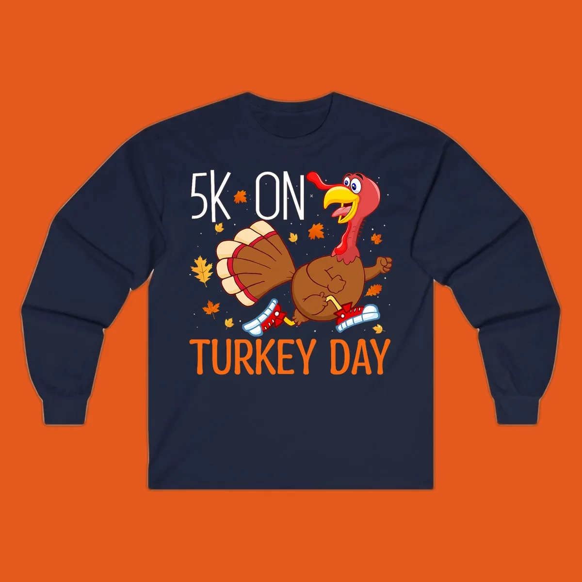 Running turkey illustration with "5K ON TURKEY DAY" text for Turkey Trot shirts.