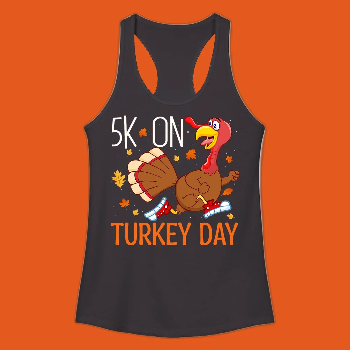 Running turkey illustration with "5K ON TURKEY DAY" text for Turkey Trot shirts.