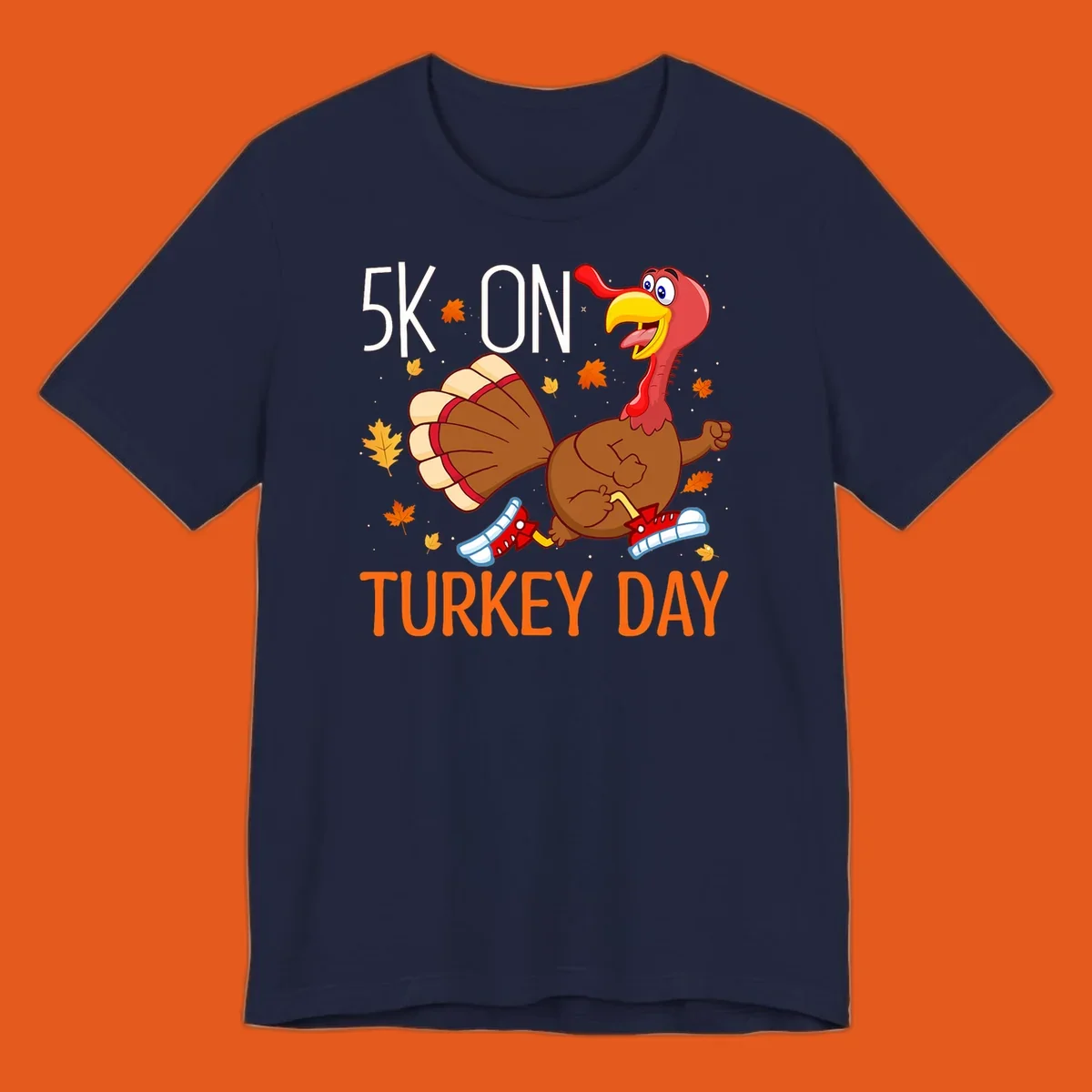 Running turkey illustration with "5K ON TURKEY DAY" text for Turkey Trot shirts.
