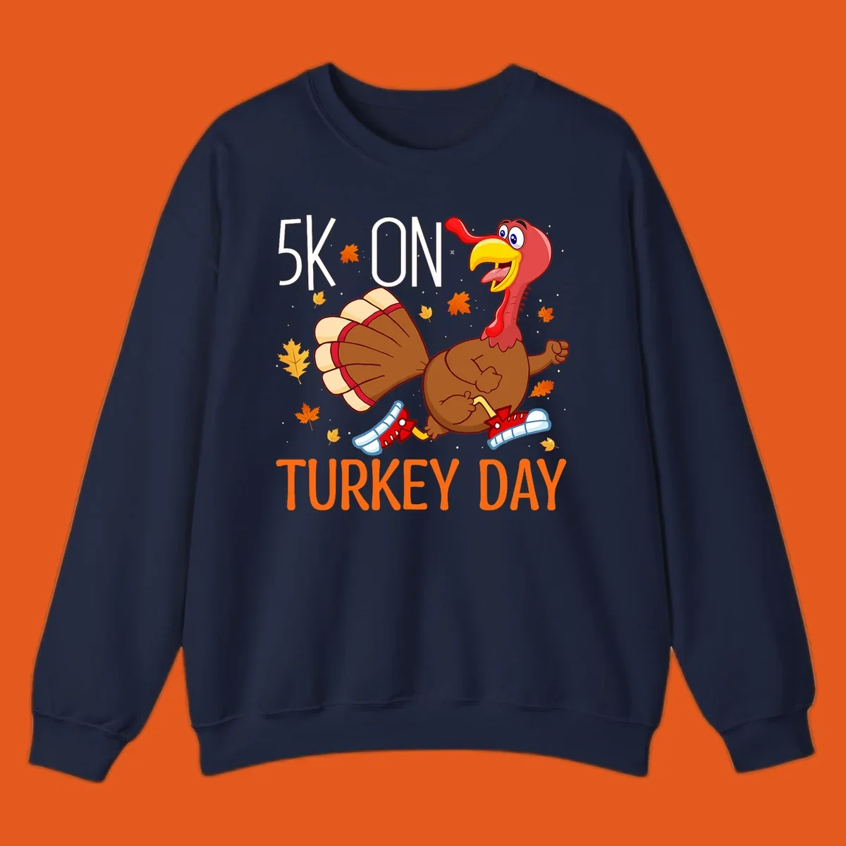 Running turkey illustration with "5K ON TURKEY DAY" text for Turkey Trot shirts.