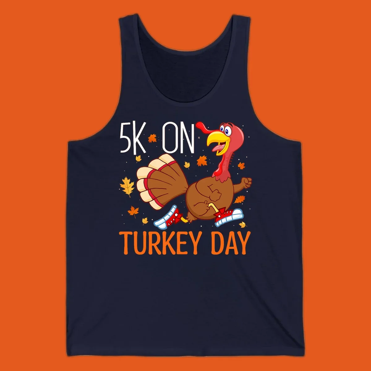 Running turkey illustration with "5K ON TURKEY DAY" text for Turkey Trot shirts.