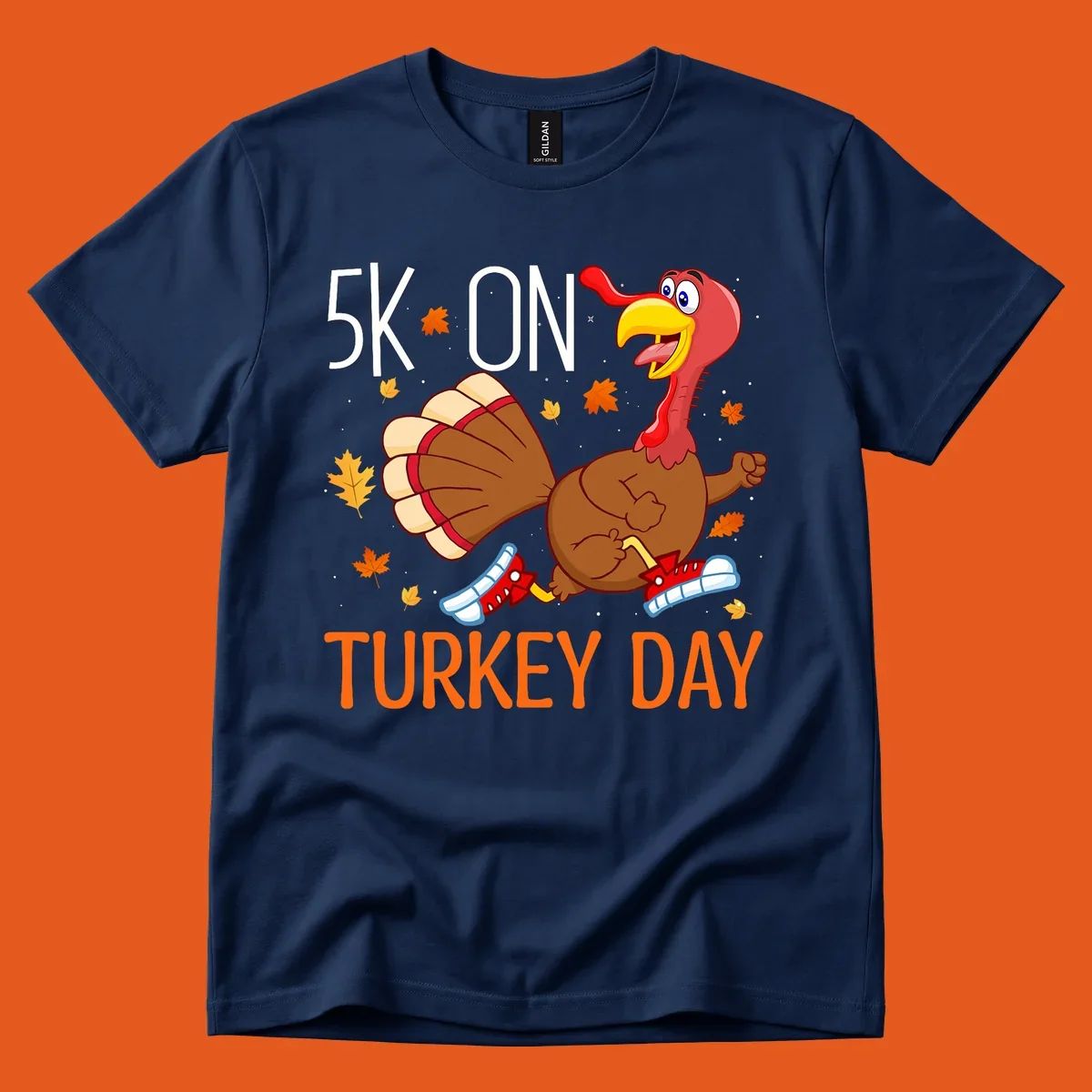 Running turkey illustration with "5K ON TURKEY DAY" text for Turkey Trot shirts.