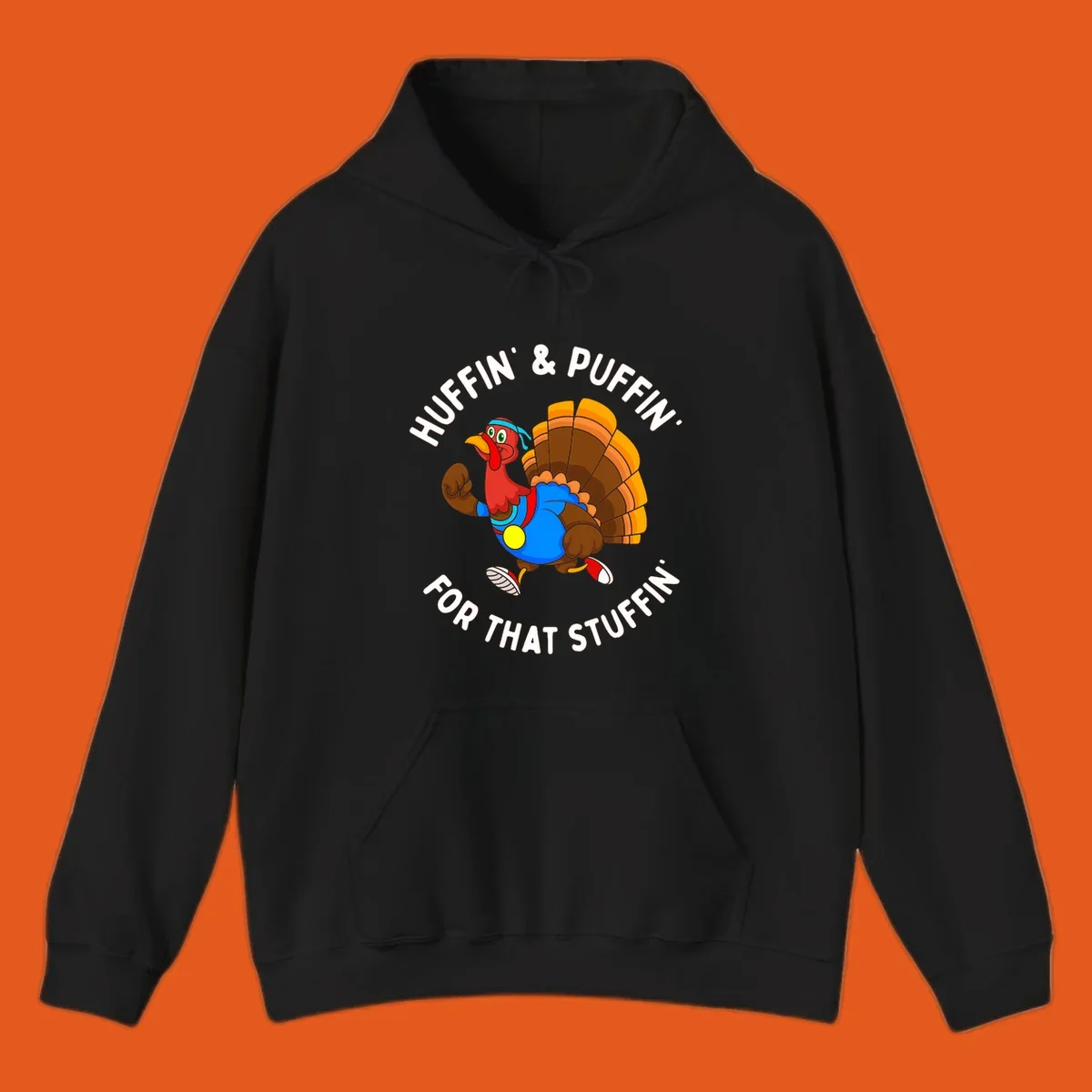 Running turkey cartoon with text 'Huffin' & Puffin' For That Stuffin'' for Turkey Trot runner.