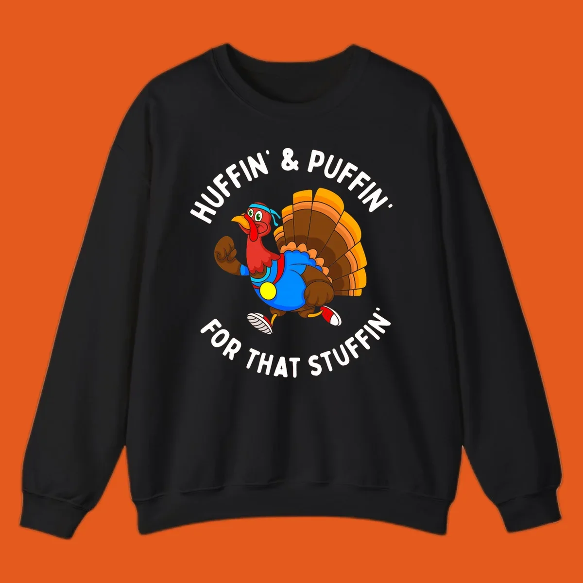 Running turkey cartoon with text 'Huffin' & Puffin' For That Stuffin'' for Turkey Trot runner.