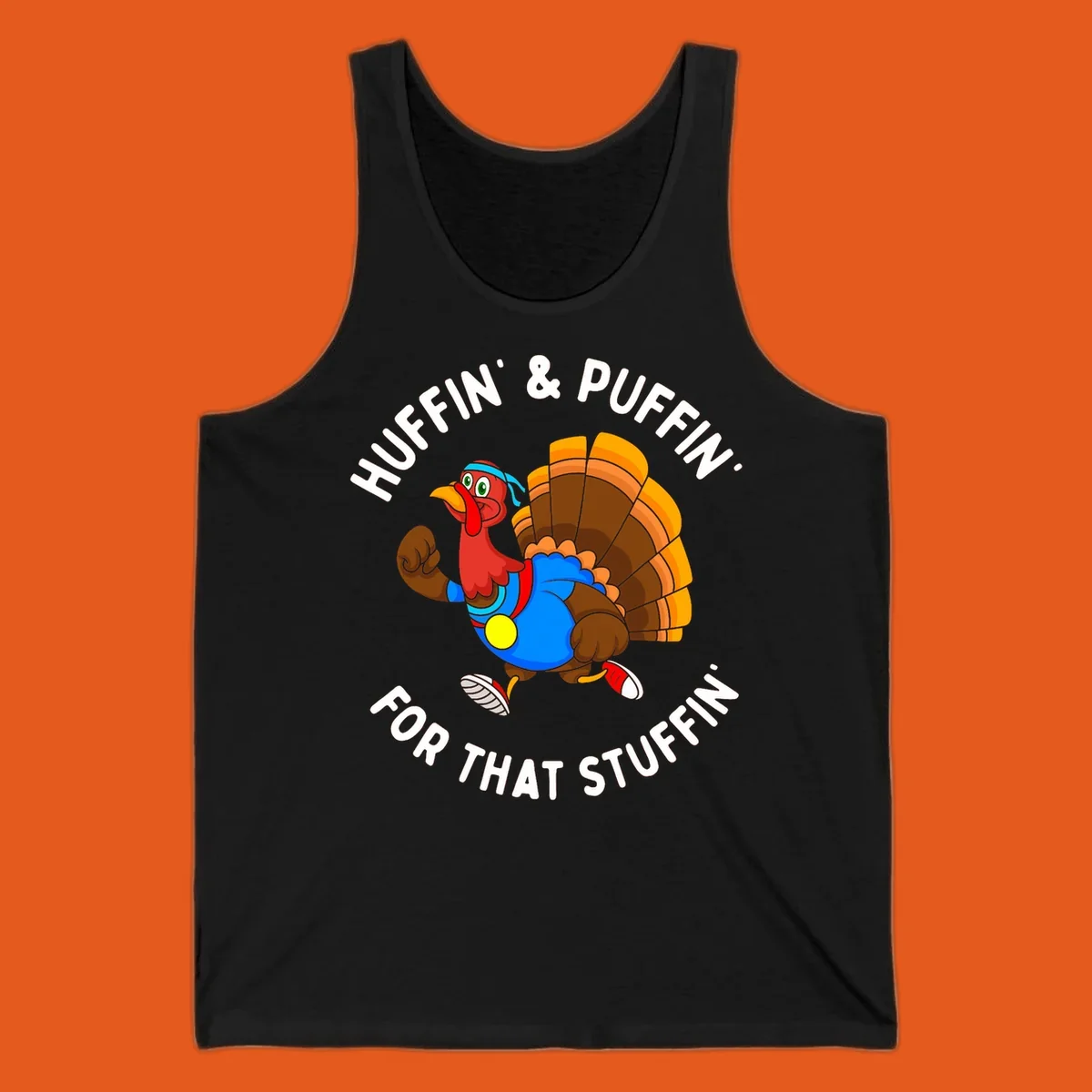 Running turkey cartoon with text 'Huffin' & Puffin' For That Stuffin'' for Turkey Trot runner.