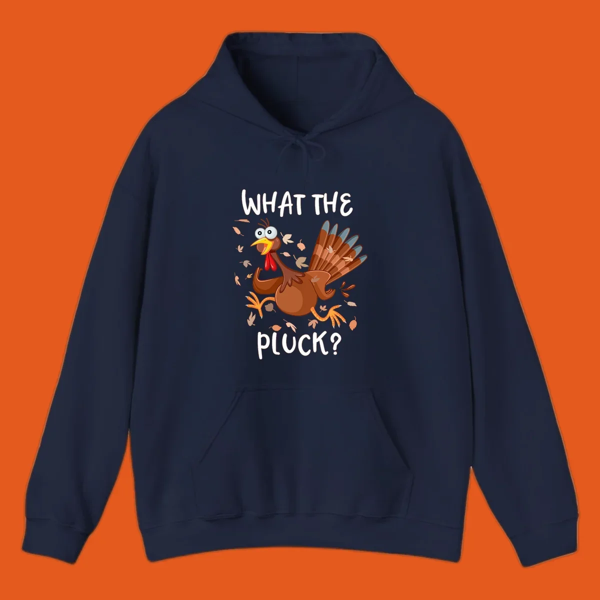 Cartoon turkey with 'WHAT THE PLUCK?' text, suitable for Turkey Trot Thanksgiving designs.