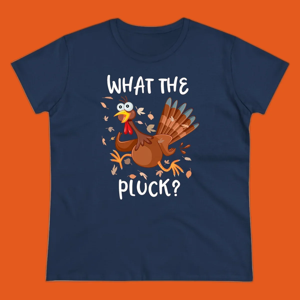 Cartoon turkey with 'WHAT THE PLUCK?' text, suitable for Turkey Trot Thanksgiving designs.