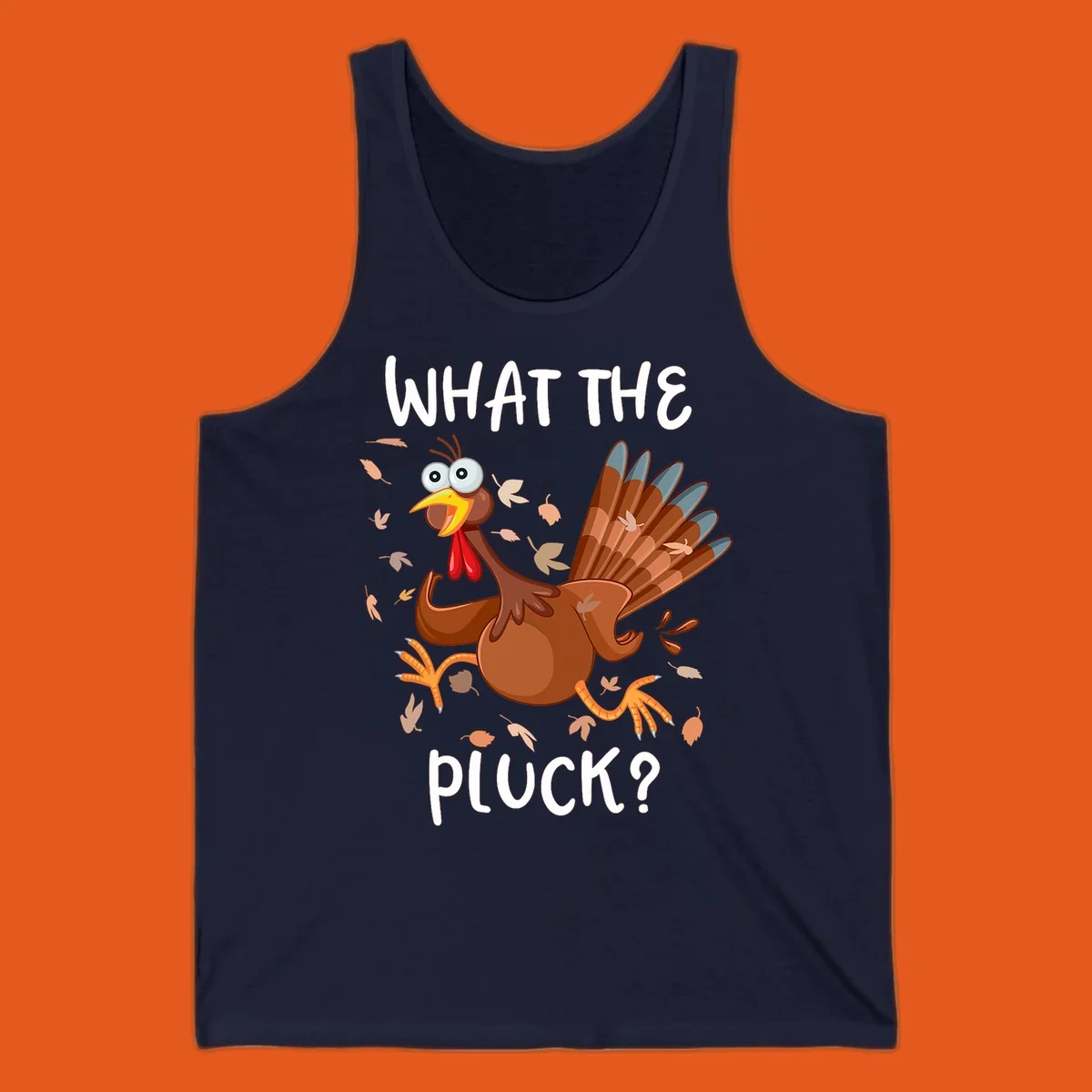 Cartoon turkey with 'WHAT THE PLUCK?' text, suitable for Turkey Trot Thanksgiving designs.