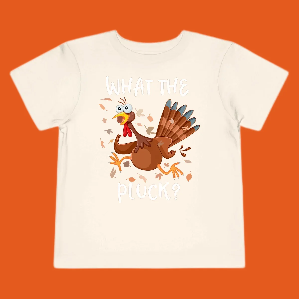 Cartoon turkey with 'WHAT THE PLUCK?' text, suitable for Turkey Trot Thanksgiving designs.
