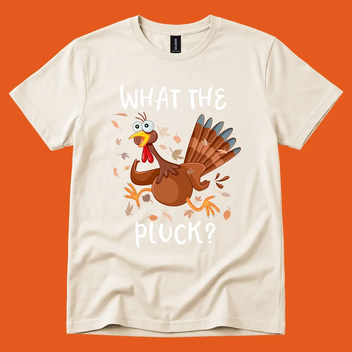Cartoon turkey with 'WHAT THE PLUCK?' text, suitable for Turkey Trot Thanksgiving designs.