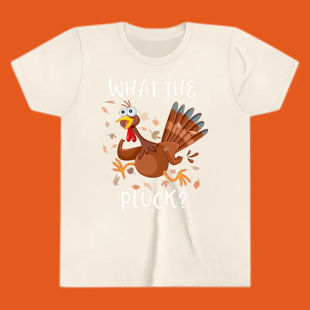 Cartoon turkey with 'WHAT THE PLUCK?' text, suitable for Turkey Trot Thanksgiving designs.