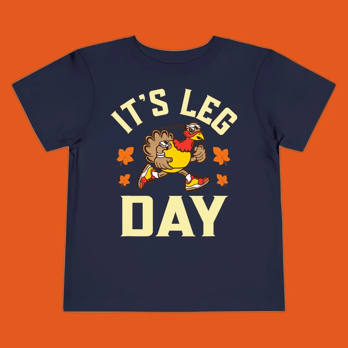 Illustration of a running turkey with 'IT'S LEG DAY' text, for a Turkey Trot shirt.