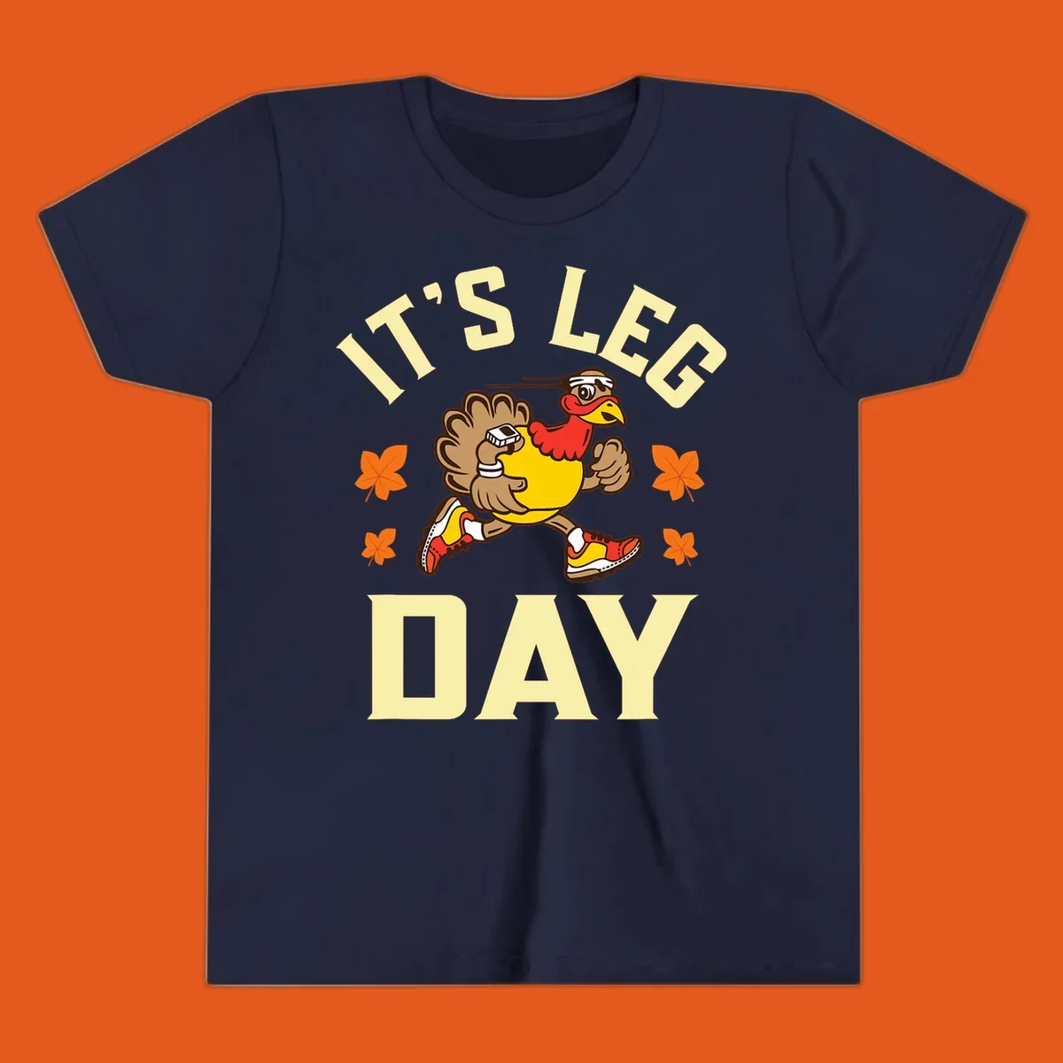 Illustration of a running turkey with 'IT'S LEG DAY' text, for a Turkey Trot shirt.