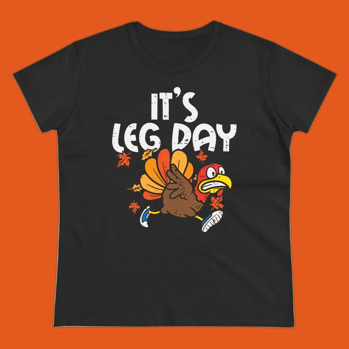 Running turkey with text 'IT'S LEG DAY' for Thanksgiving Turkey Trot shirt.