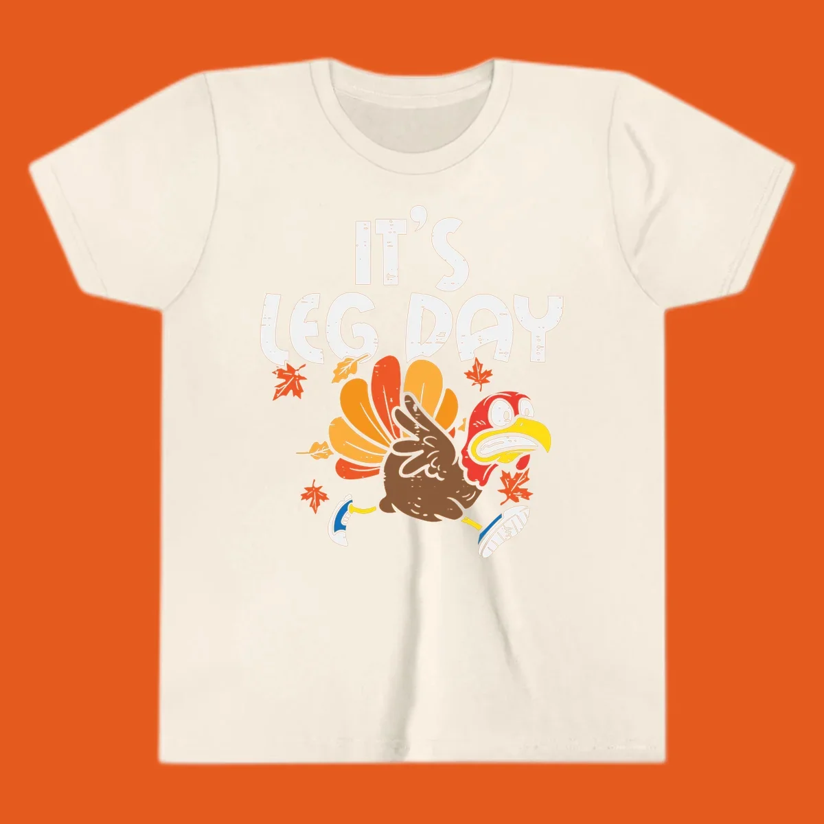 Running turkey with text 'IT'S LEG DAY' for Thanksgiving Turkey Trot shirt.