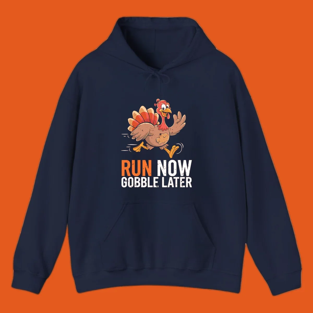 Illustration of a running turkey with the text 'Run Now Gobble Later', representing the turkey trot runner concept.