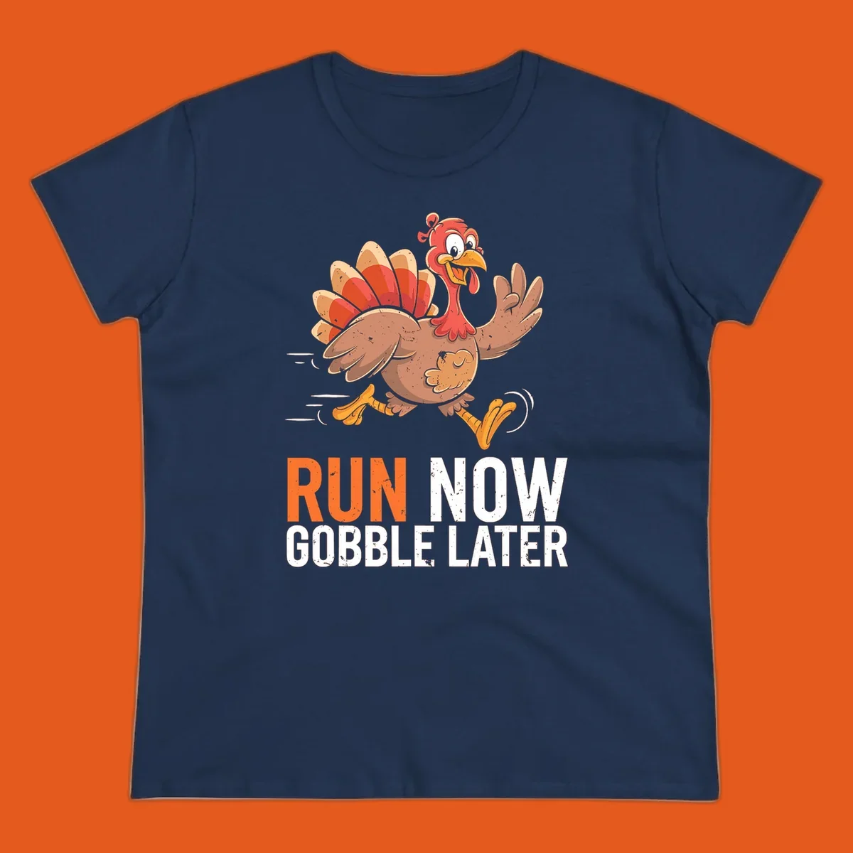 Illustration of a running turkey with the text 'Run Now Gobble Later', representing the turkey trot runner concept.
