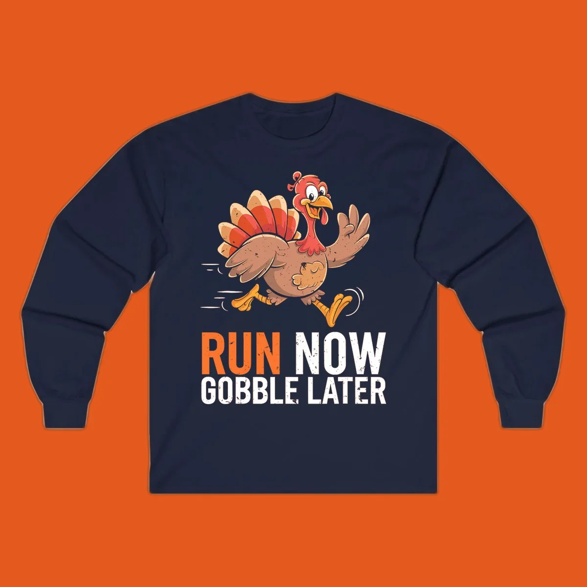 Illustration of a running turkey with the text 'Run Now Gobble Later', representing the turkey trot runner concept.