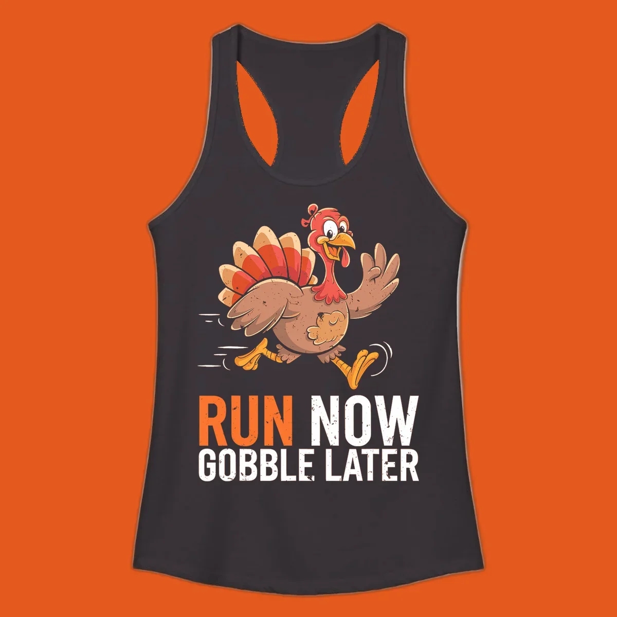 Illustration of a running turkey with the text 'Run Now Gobble Later', representing the turkey trot runner concept.