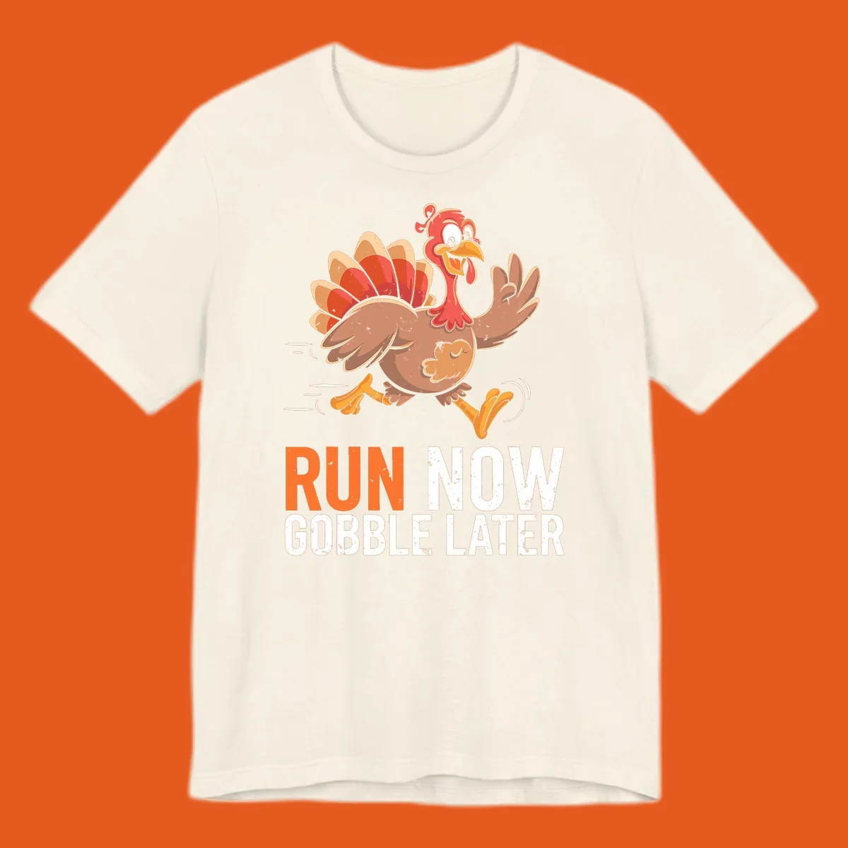 Illustration of a running turkey with the text 'Run Now Gobble Later', representing the turkey trot runner concept.