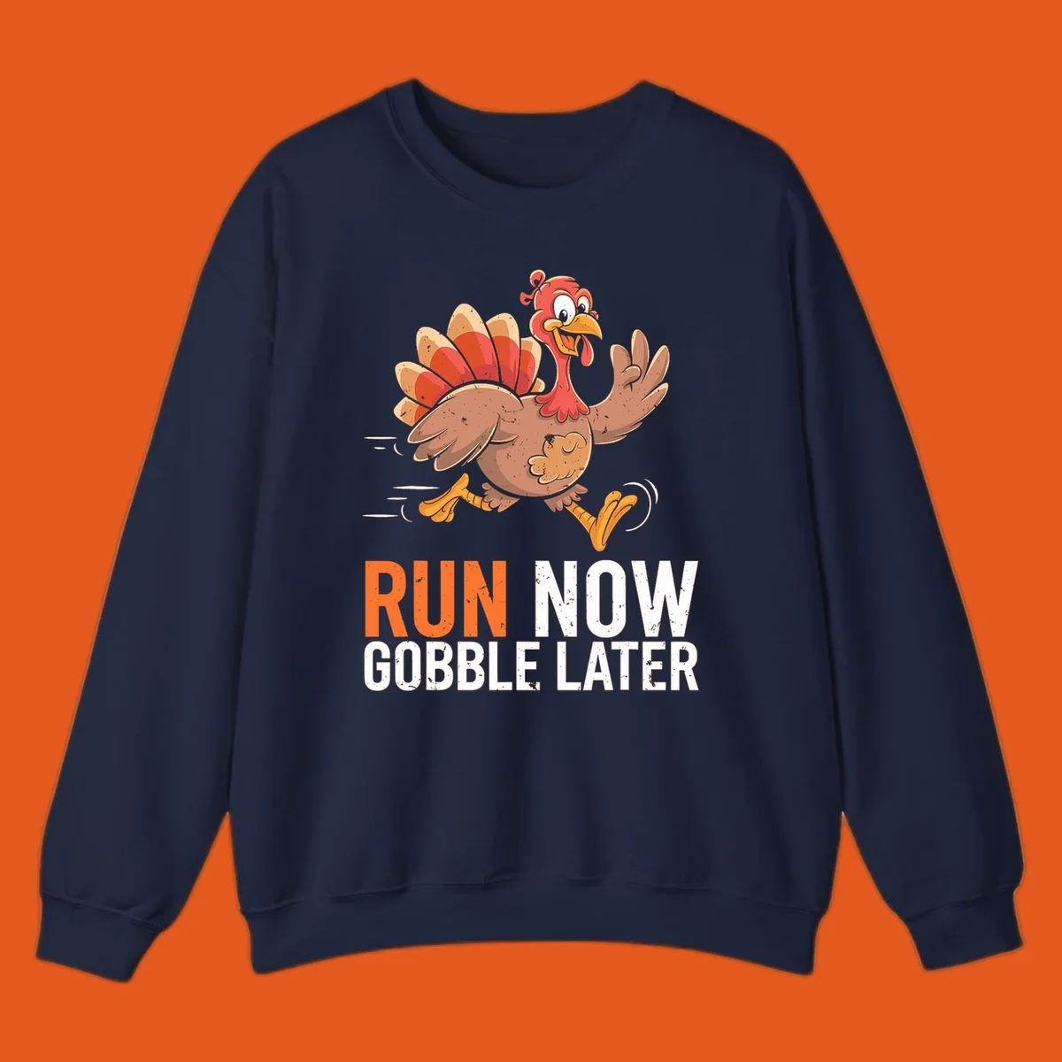 Illustration of a running turkey with the text 'Run Now Gobble Later', representing the turkey trot runner concept.