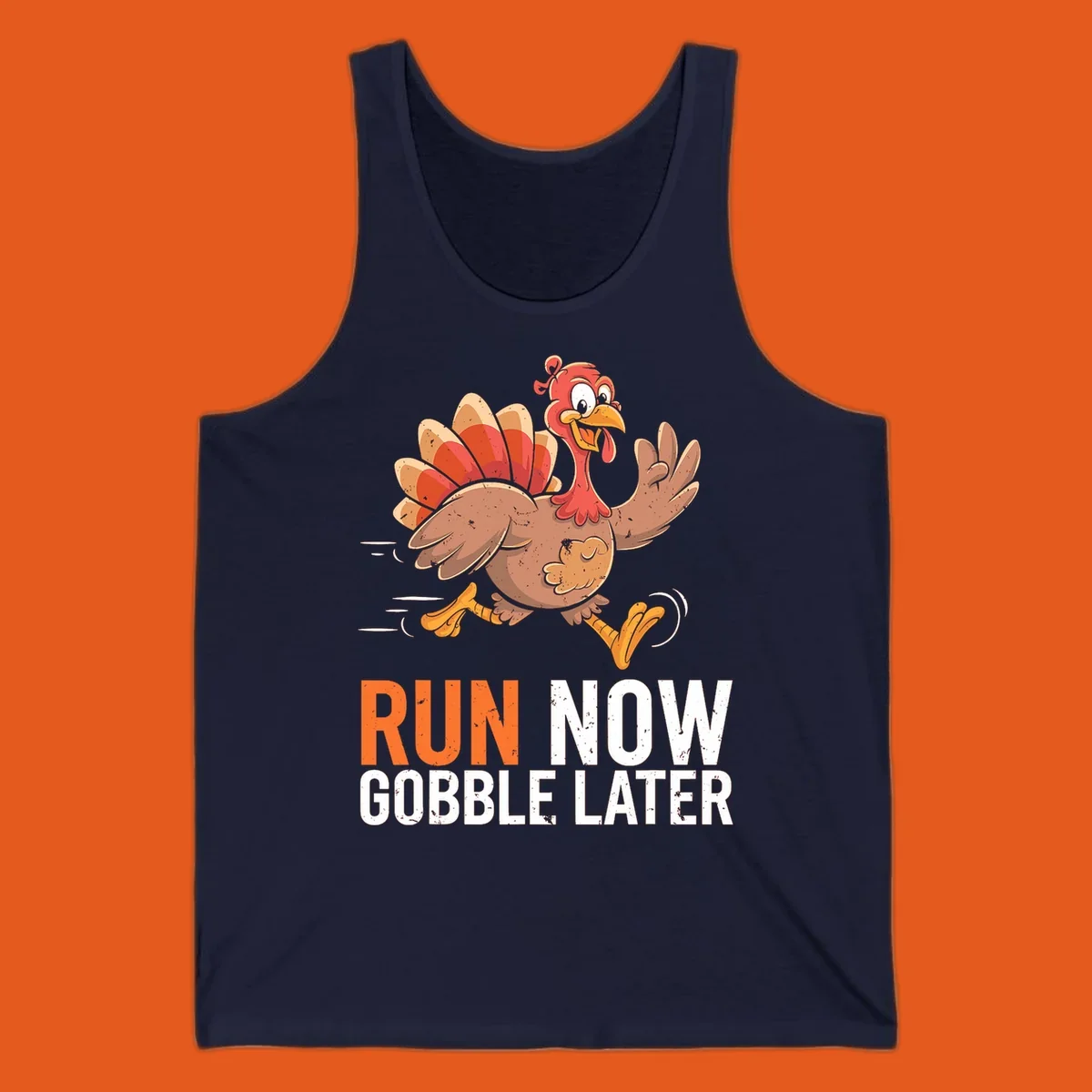 Illustration of a running turkey with the text 'Run Now Gobble Later', representing the turkey trot runner concept.