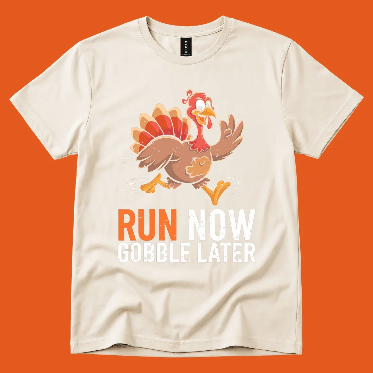 Illustration of a running turkey with the text 'Run Now Gobble Later', representing the turkey trot runner concept.