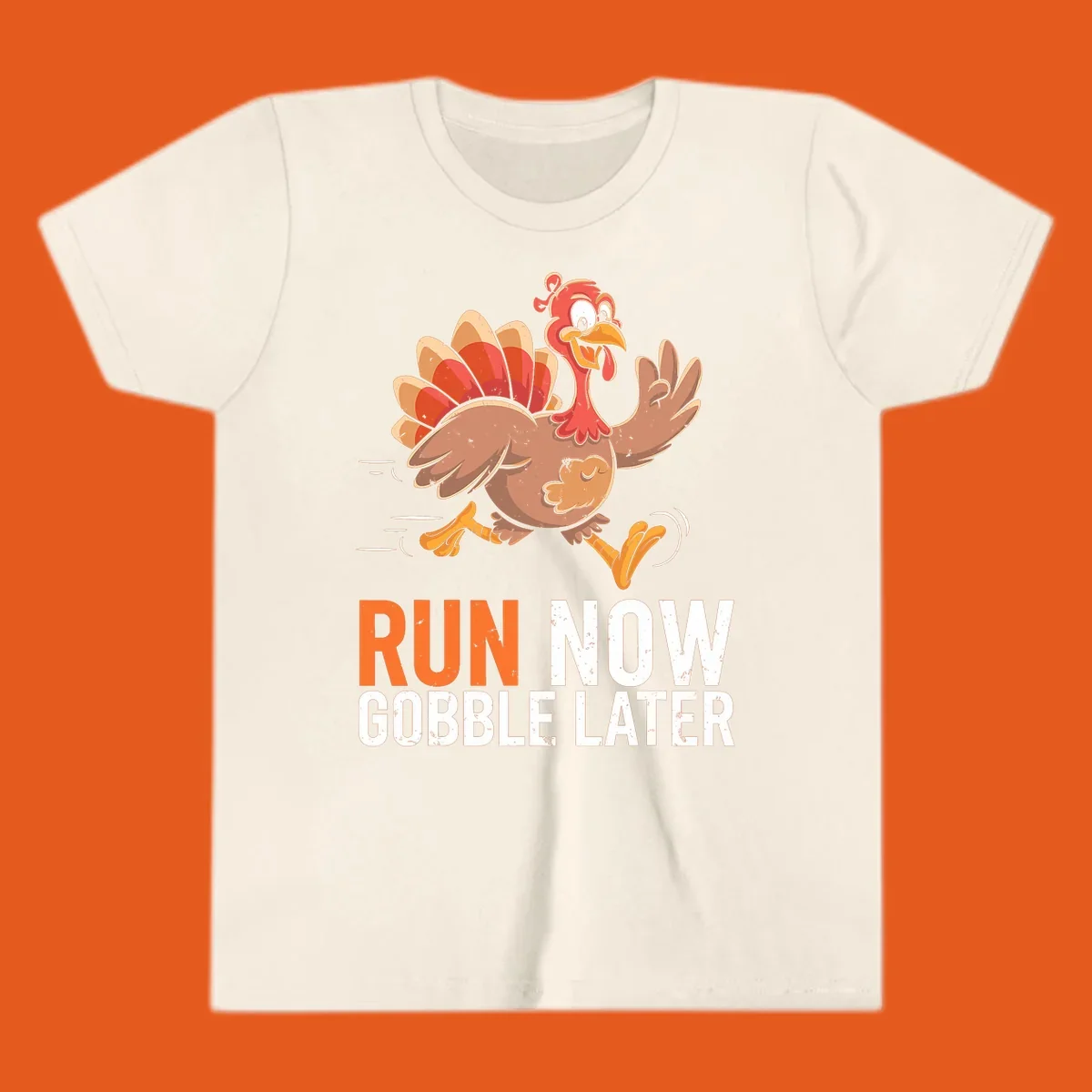 Illustration of a running turkey with the text 'Run Now Gobble Later', representing the turkey trot runner concept.