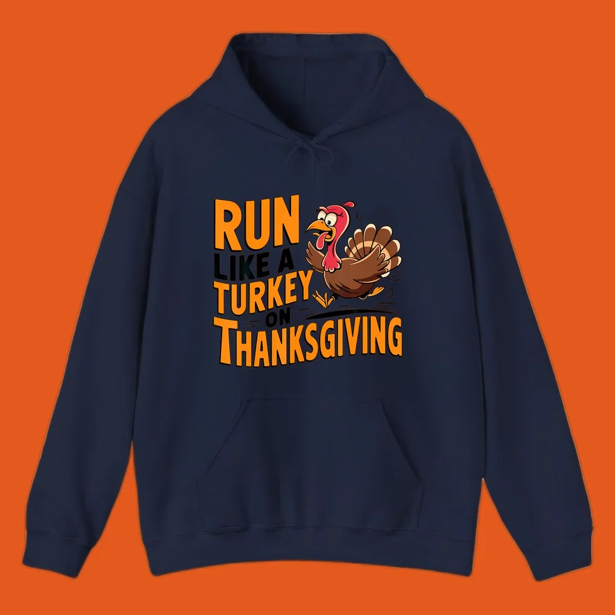Illustration of a running turkey with text 'RUN LIKE A TURKEY ON THANKSGIVING'.