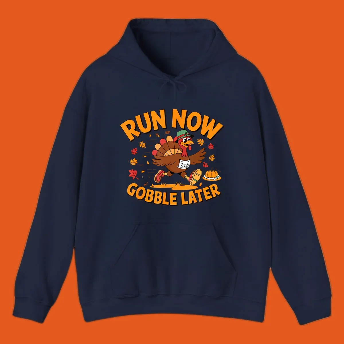 Running turkey with 'Run Now Gobble Later' text for Turkey Trot race.