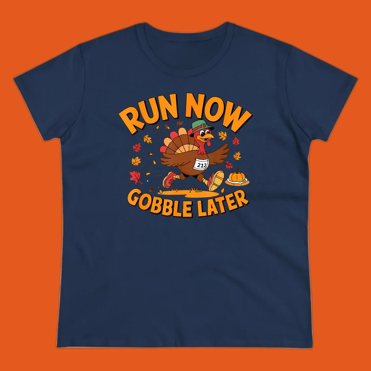 Running turkey with 'Run Now Gobble Later' text for Turkey Trot race.