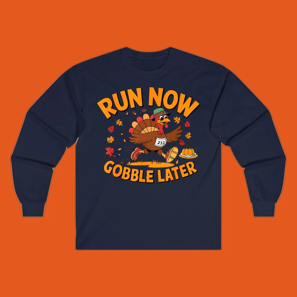 Running turkey with 'Run Now Gobble Later' text for Turkey Trot race.