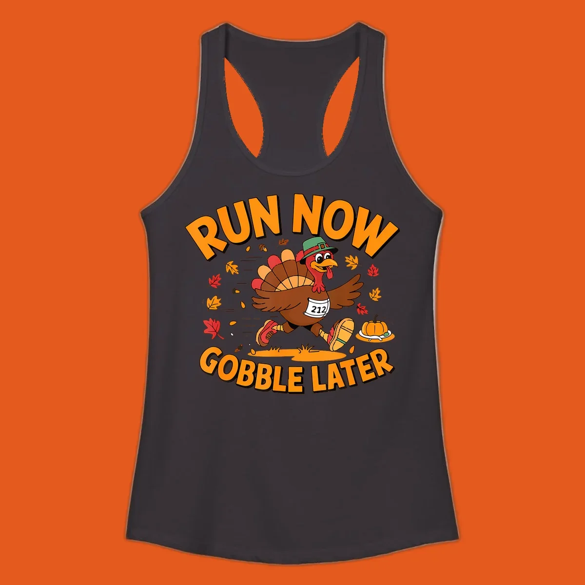 Running turkey with 'Run Now Gobble Later' text for Turkey Trot race.
