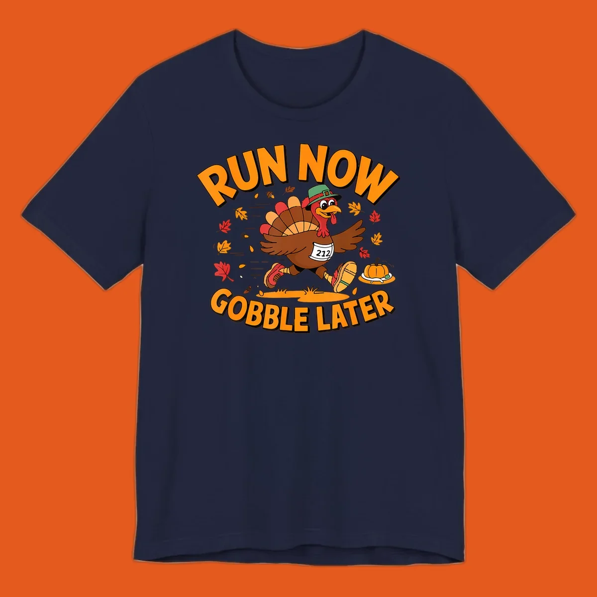 Running turkey with 'Run Now Gobble Later' text for Turkey Trot race.