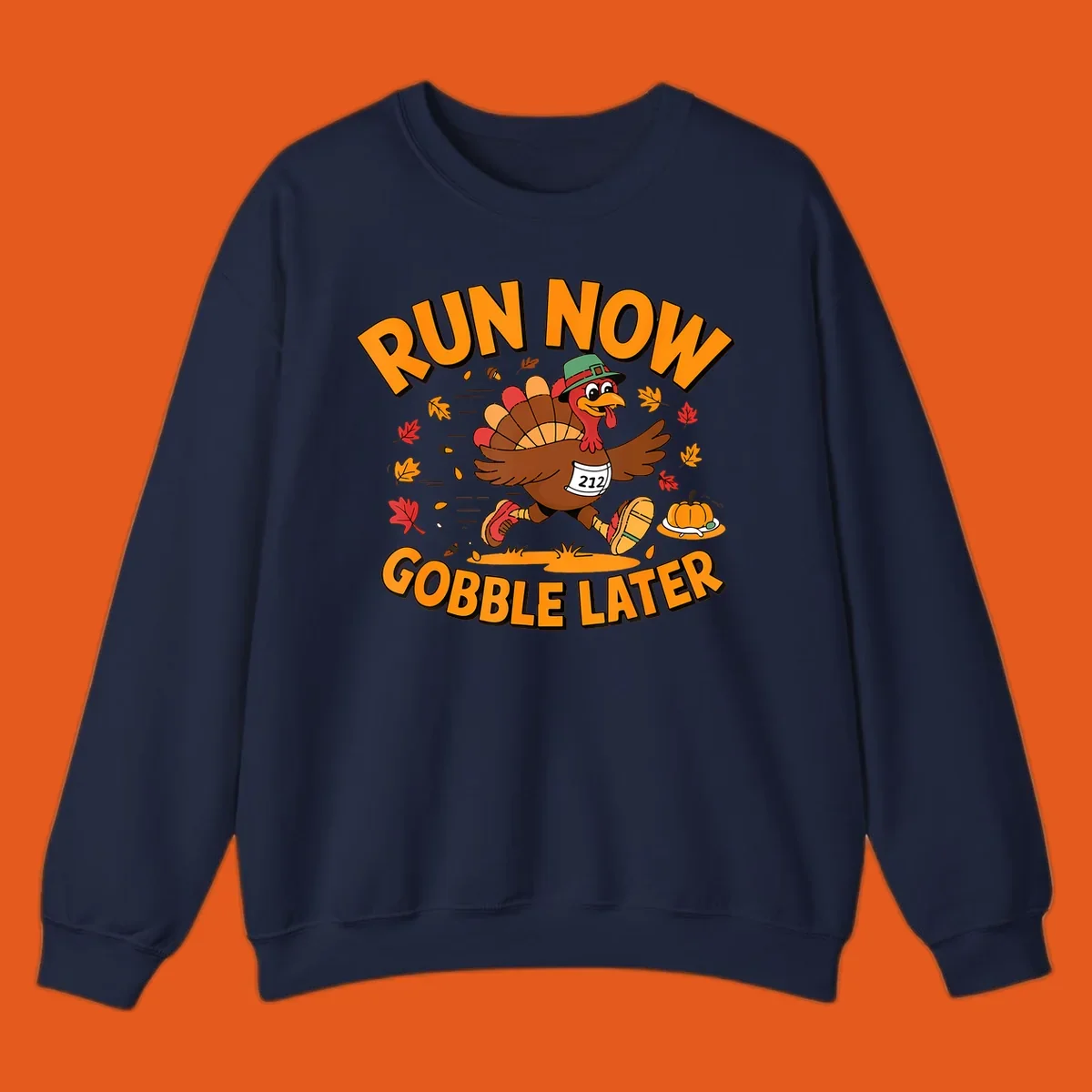 Running turkey with 'Run Now Gobble Later' text for Turkey Trot race.