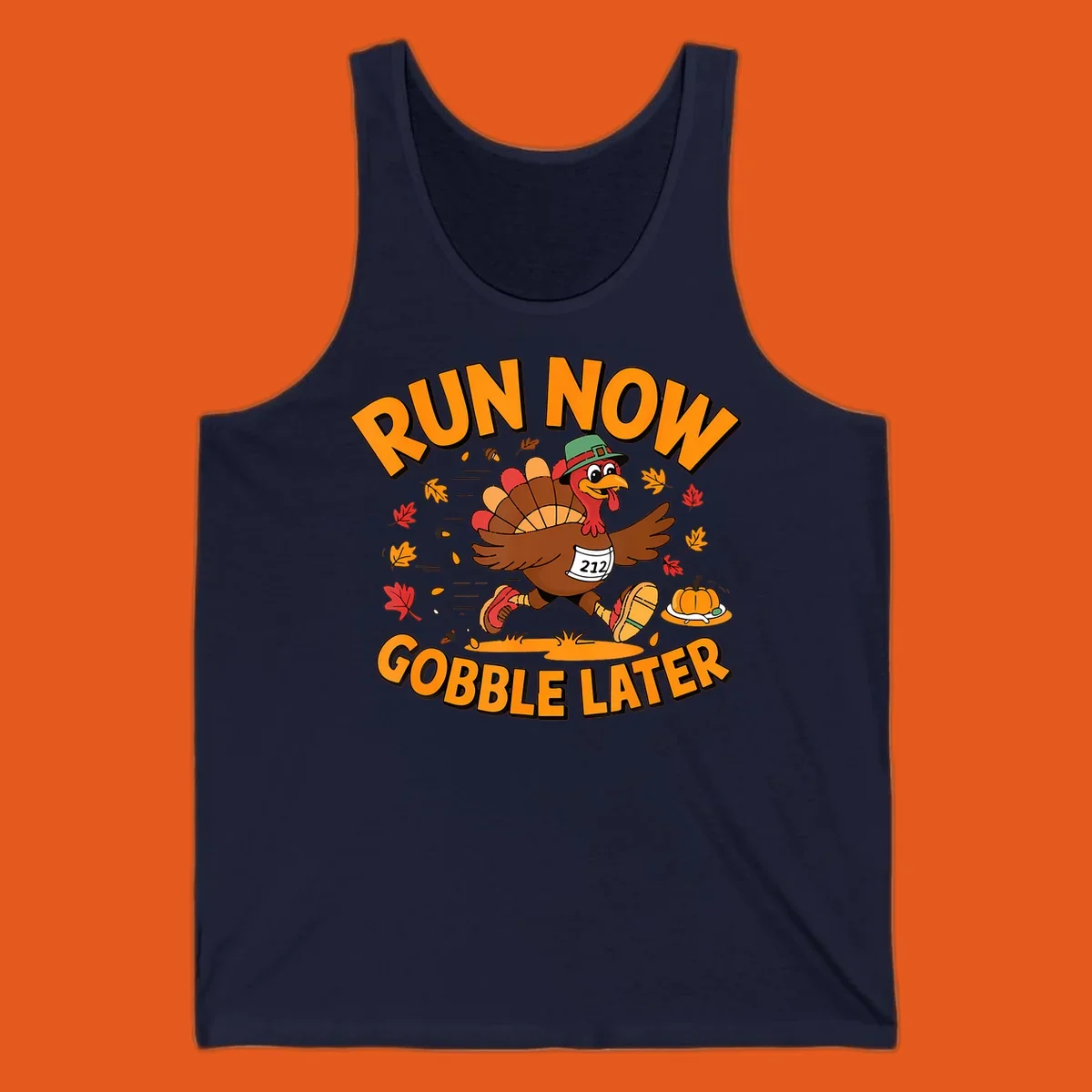 Running turkey with 'Run Now Gobble Later' text for Turkey Trot race.