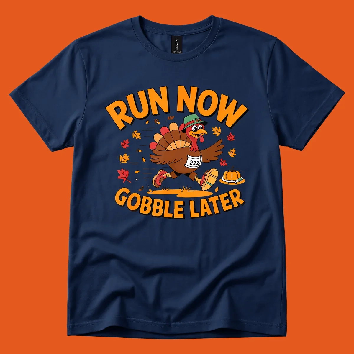 Running turkey with 'Run Now Gobble Later' text for Turkey Trot race.