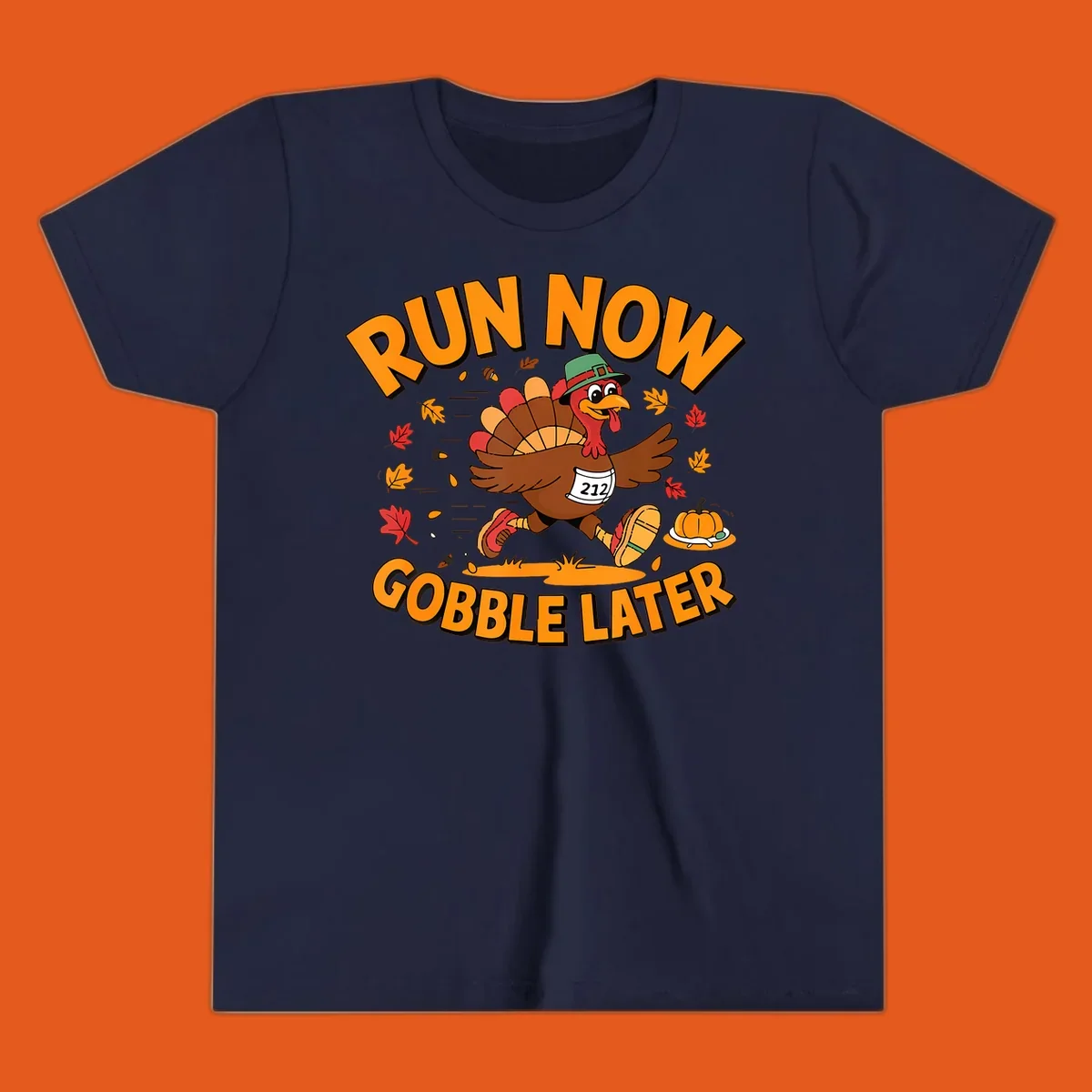 Running turkey with 'Run Now Gobble Later' text for Turkey Trot race.